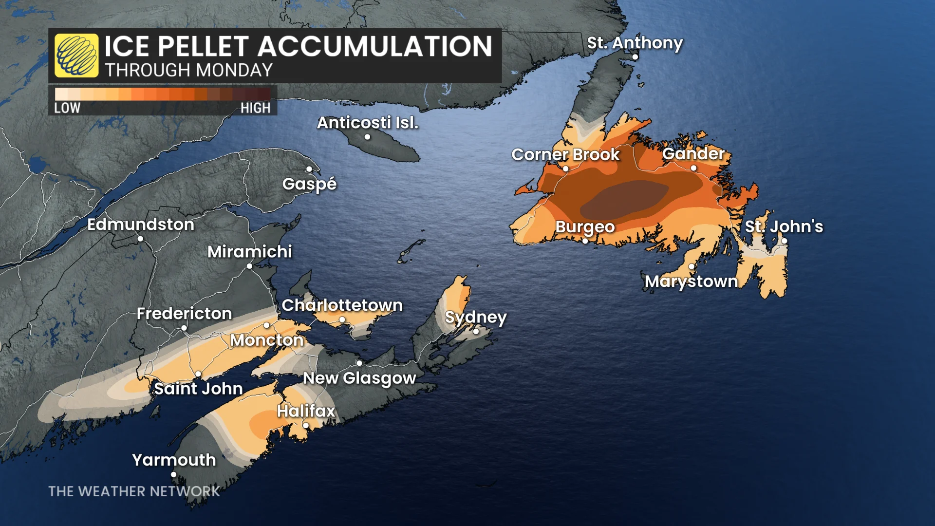 Atlantic Canada ice pellets through Monday