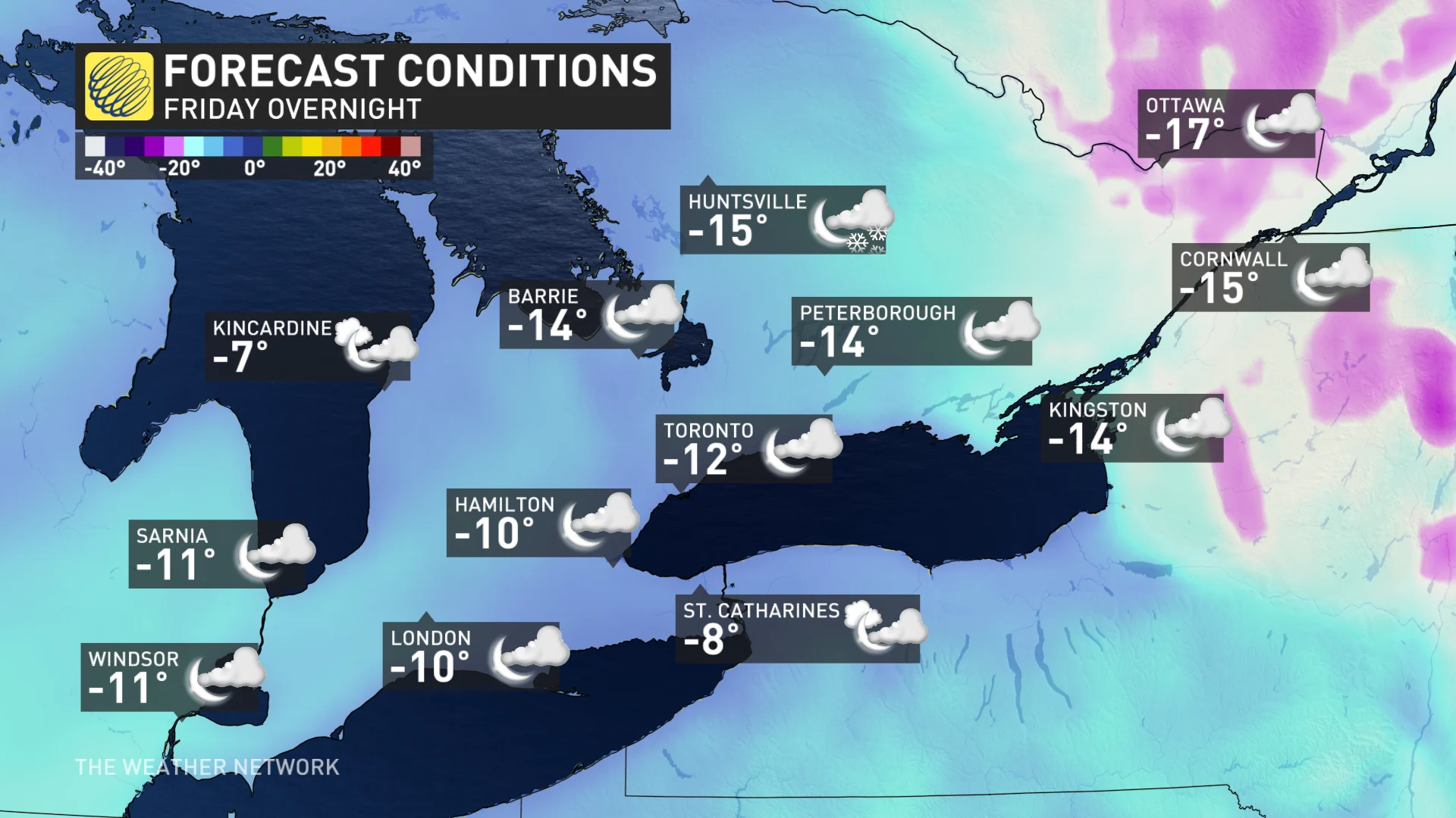 Baron - Friday overnight temperature icon southern Ontario - February 19
