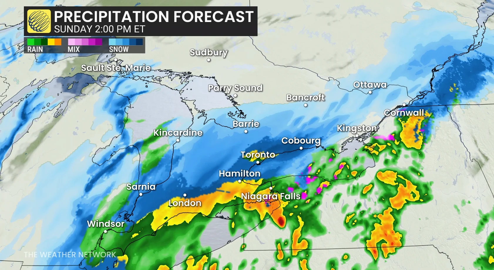 Ontario precipitation timing Sunday 2 p.m.