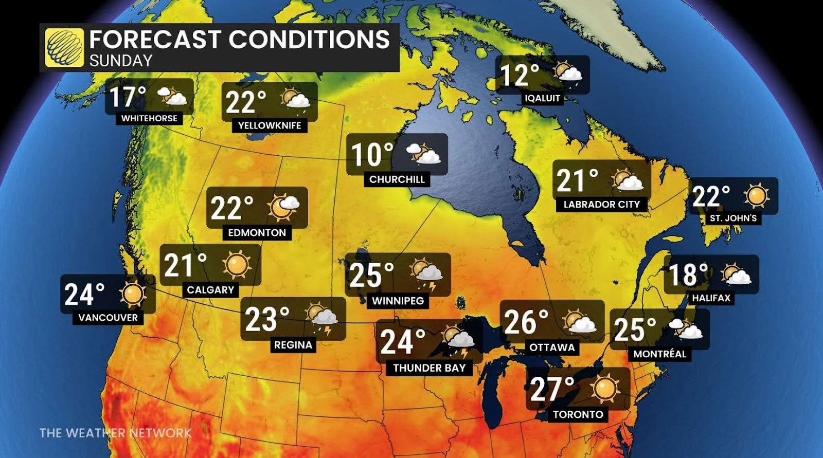 Canada Sunday forecast conditions and temperatures - June 25, 2025