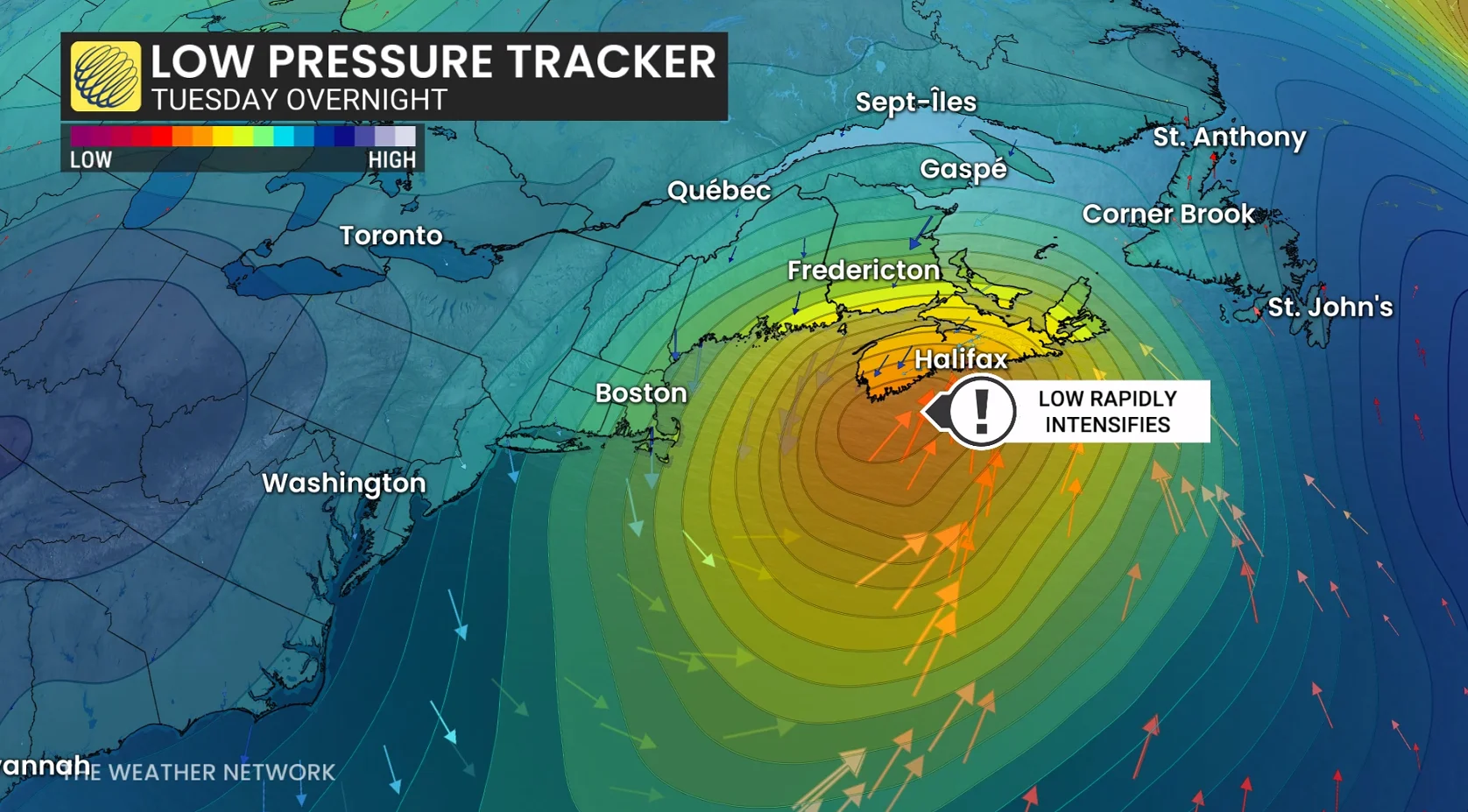 Atlantic Canada low-pressure tracker Tuesday night