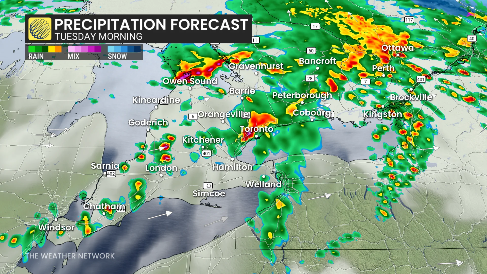 Ontario precipitation timing Tuesday morning