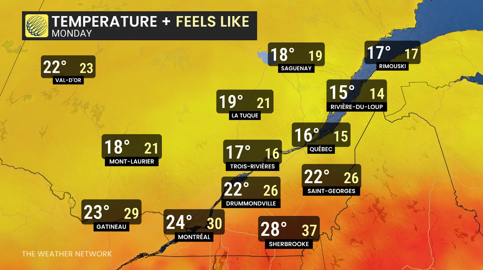 Quebec temperatures Monday