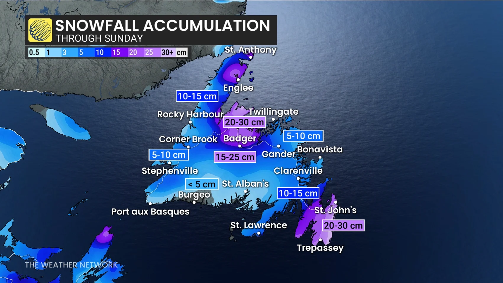 Newfoundland snowfall through Sunday