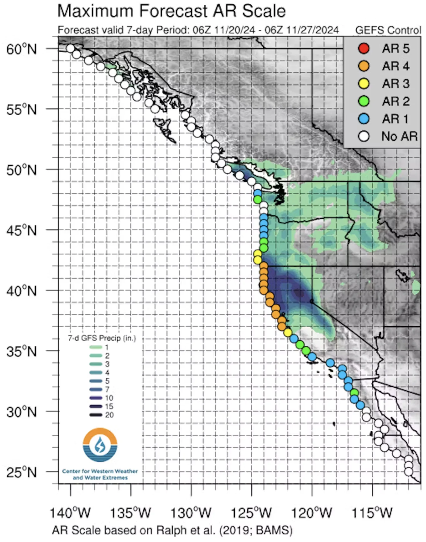 Center for Western Weather and Water Extremes: The forecast for the atmospheric river hitting the West Coast, covering Nov. 20-27, 2024, shows a powerful storm. Much of Northern California is expected to experience a Category 4 strength atmospheric river, on a scale of 1 to 5. Center for Western Weather and Water Extremes