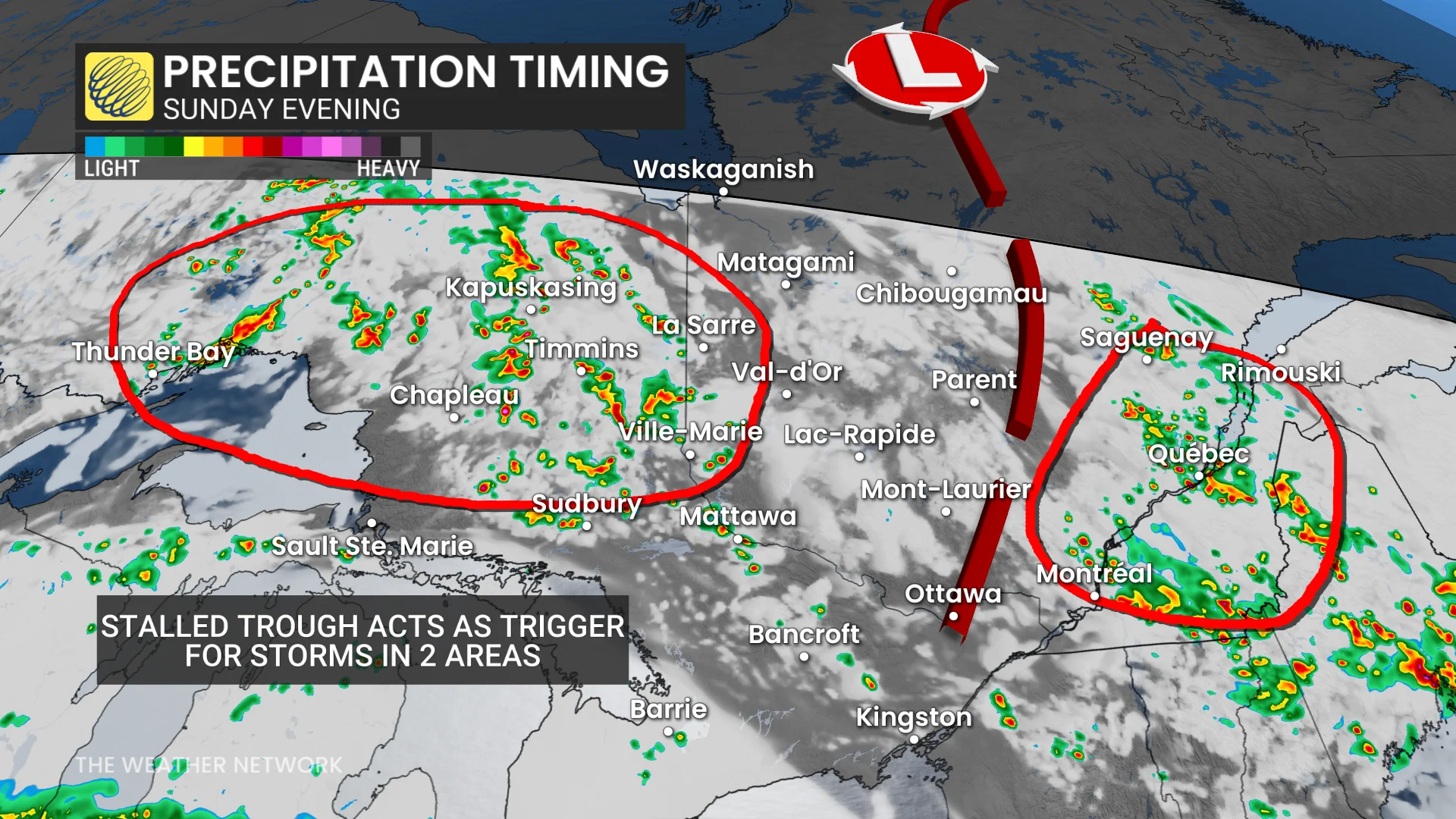 Quebec precipitation timing Sunday evening