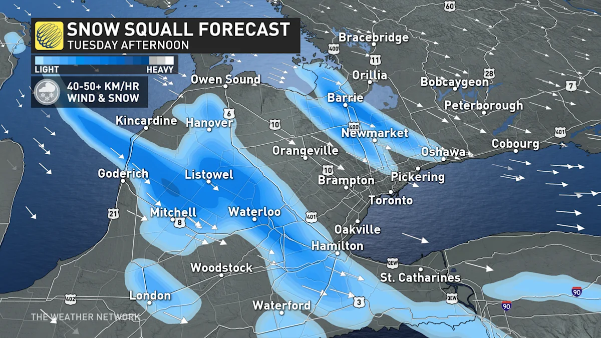 Intense snow squalls hit Ontario, risk of treacherous travel in 30+ cm