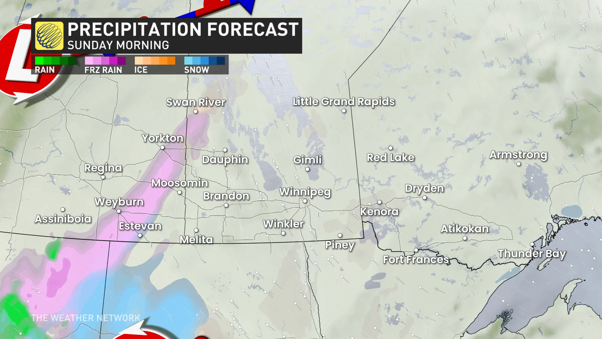 Timing of precipitation across the Prairies on Sunday morning