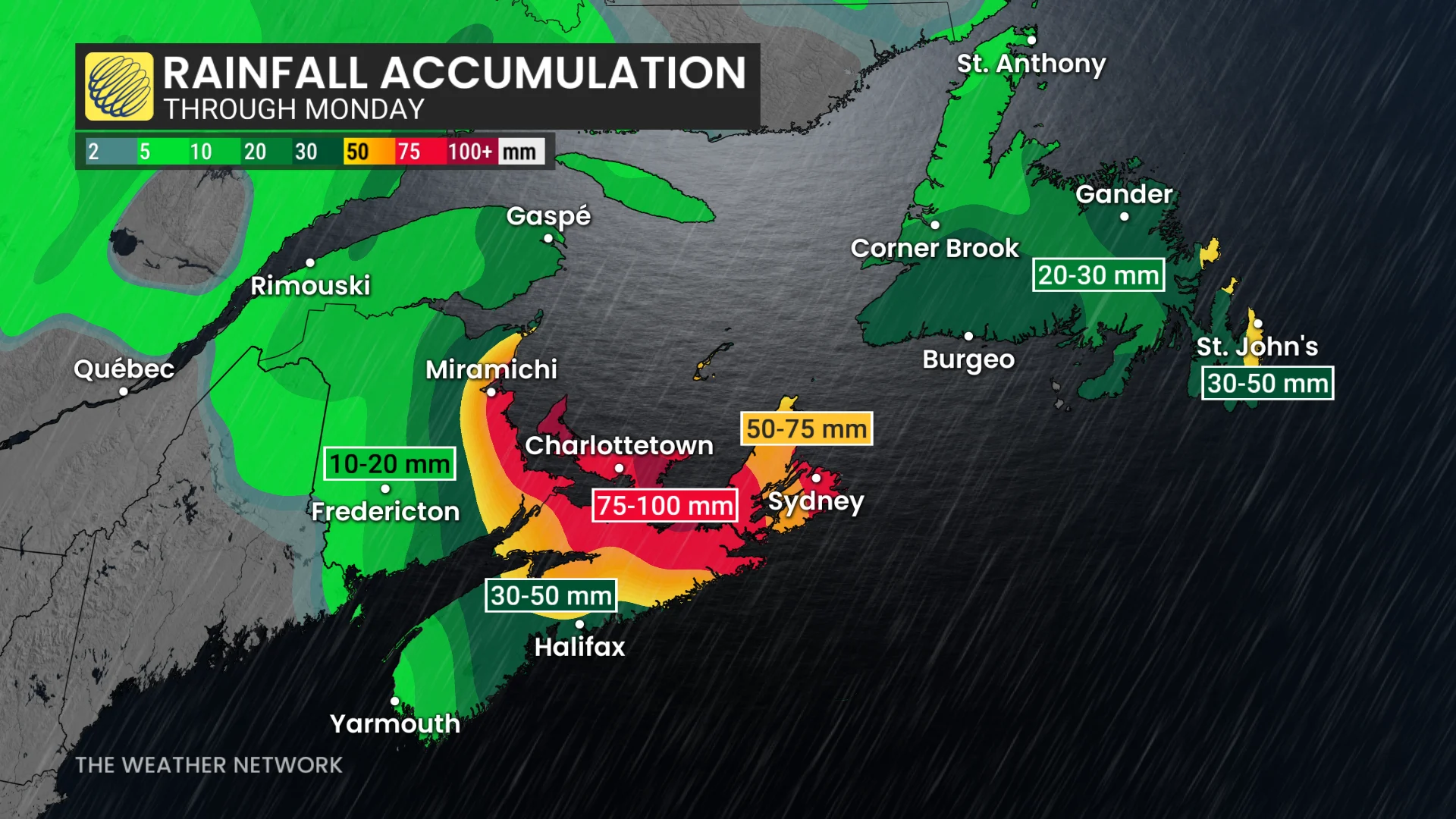 Atlantic Canada rainfall through Monday