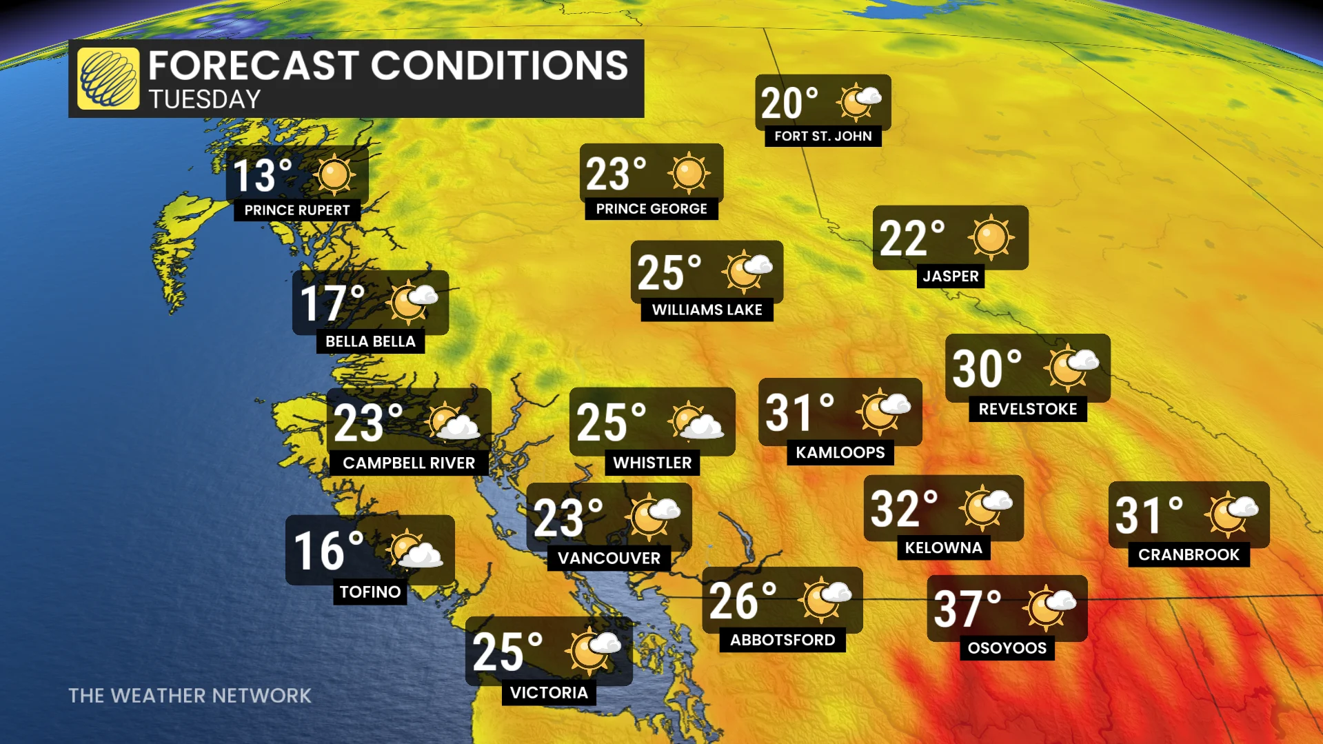 B.C. Tuesday forecast conditions and temperatures