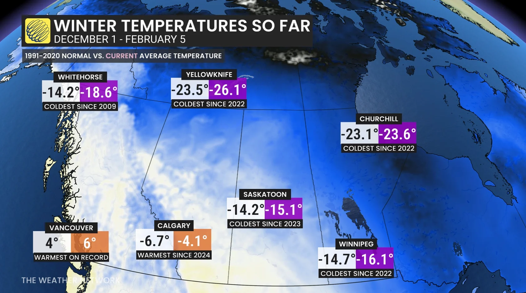 Western Canada winter 2025-26 temperatures