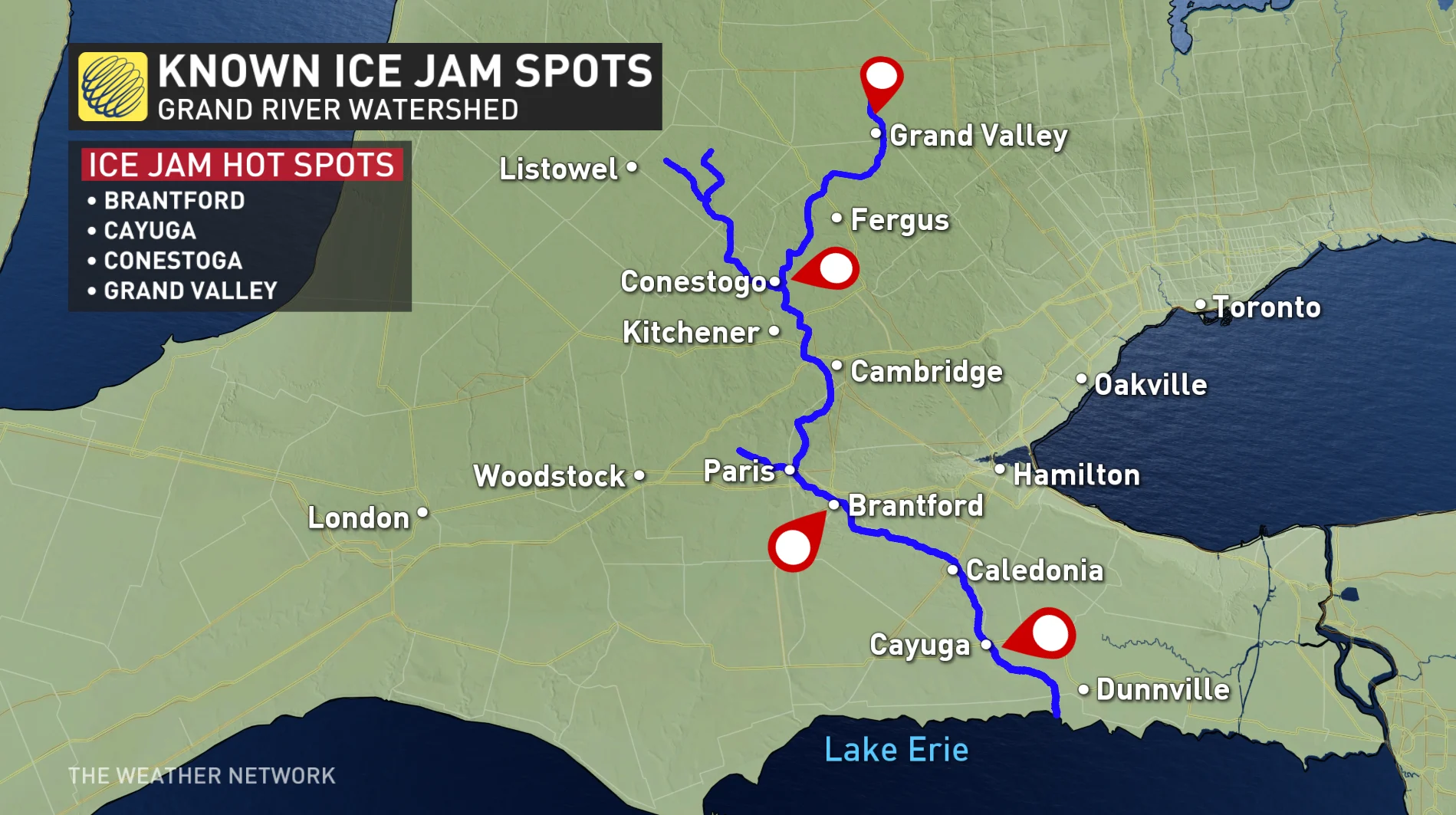 Known Ice Jam Spots Grand River Watershed