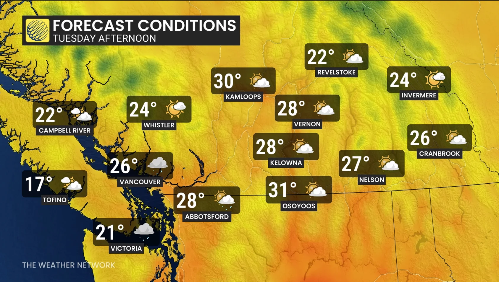 B.C. South Coast and Interior temperatures Tuesday