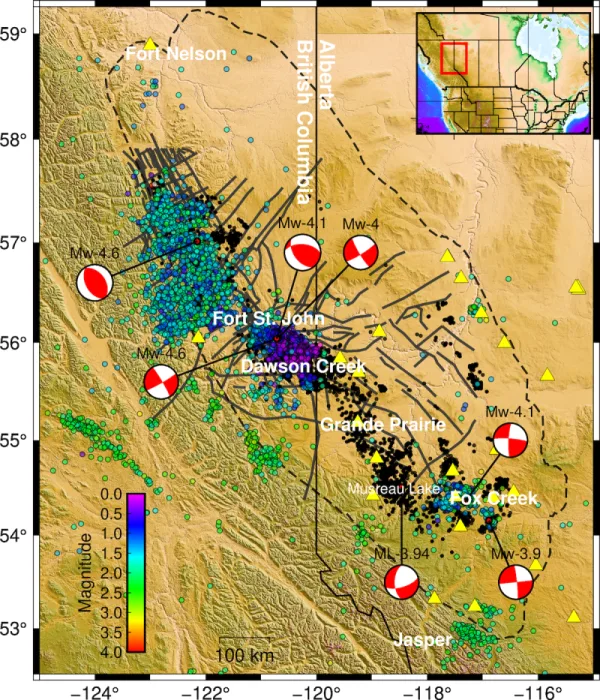 The map shows earthquakes related to hydraulic fracture. Major earthquakes are represented with red and white graphics. (Scientific Reports, 2022, 12:11551)