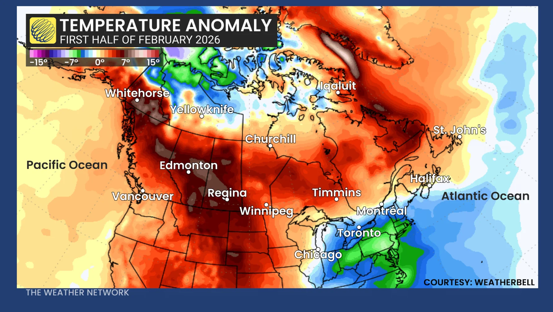 British Columbia temperature anomaly first half of February 2026