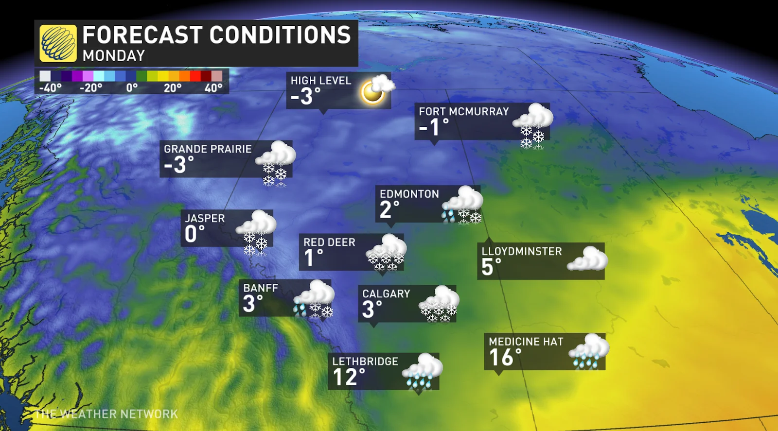 Alberta temperatures icons Monday