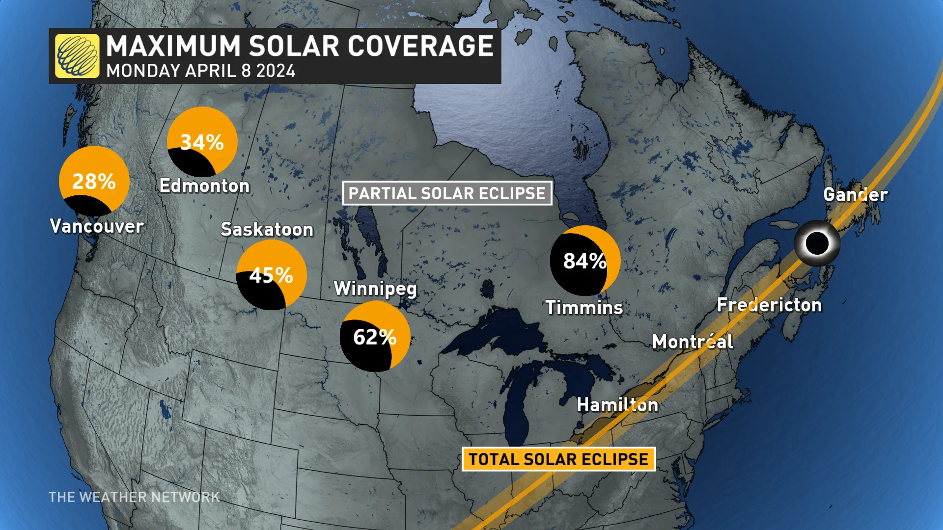 North America maximum solar eclipse coverage, April 6