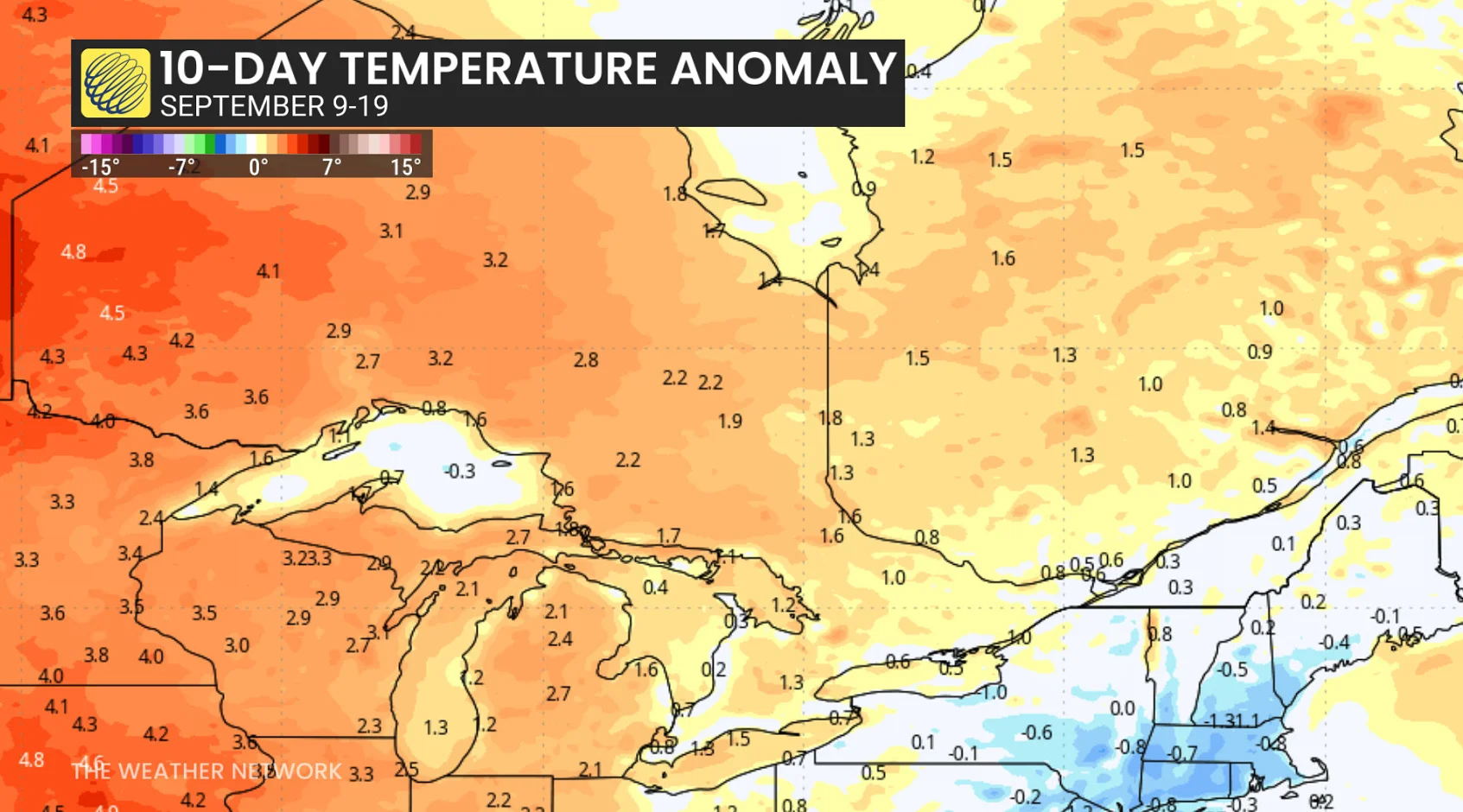 10-day temperature anomaly Ontario