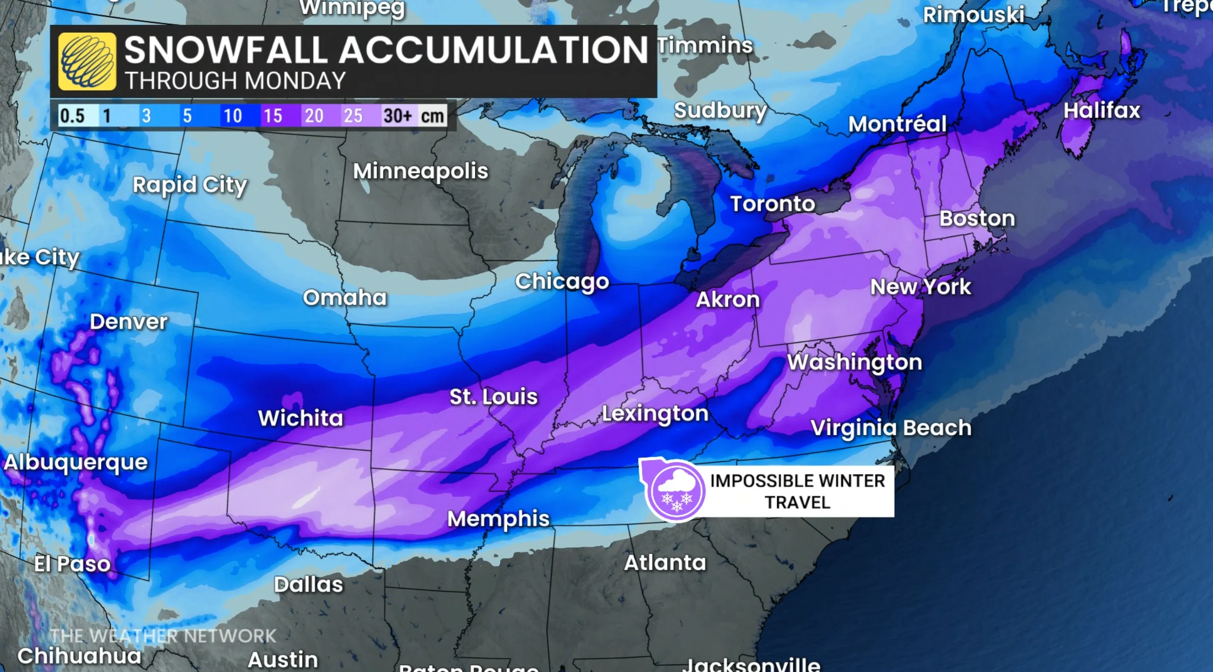 U.S. Storm - Jan. 23, 2026. Snowfall totals through Monday
