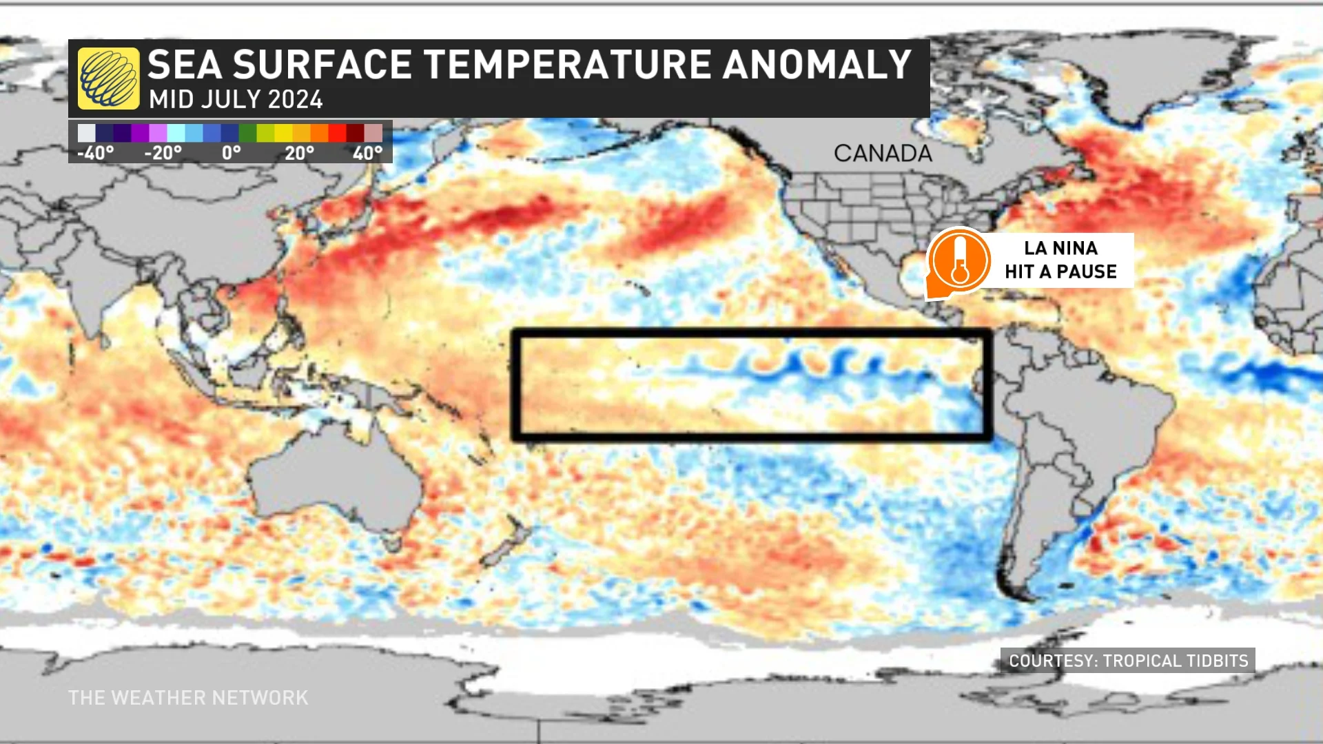 Sea surface temperature anomaly mid-July 2024