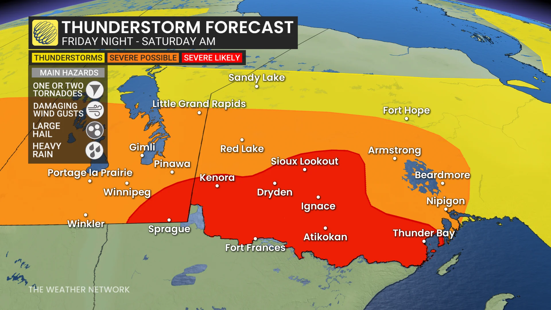 Ontario Manitoba thunderstorm forecast Friday night