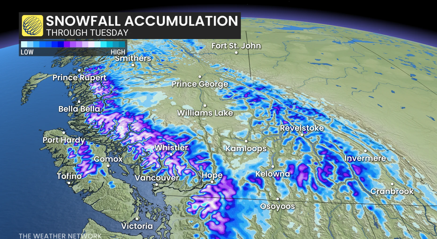 B.C. snowfall accumulation through Tuesday