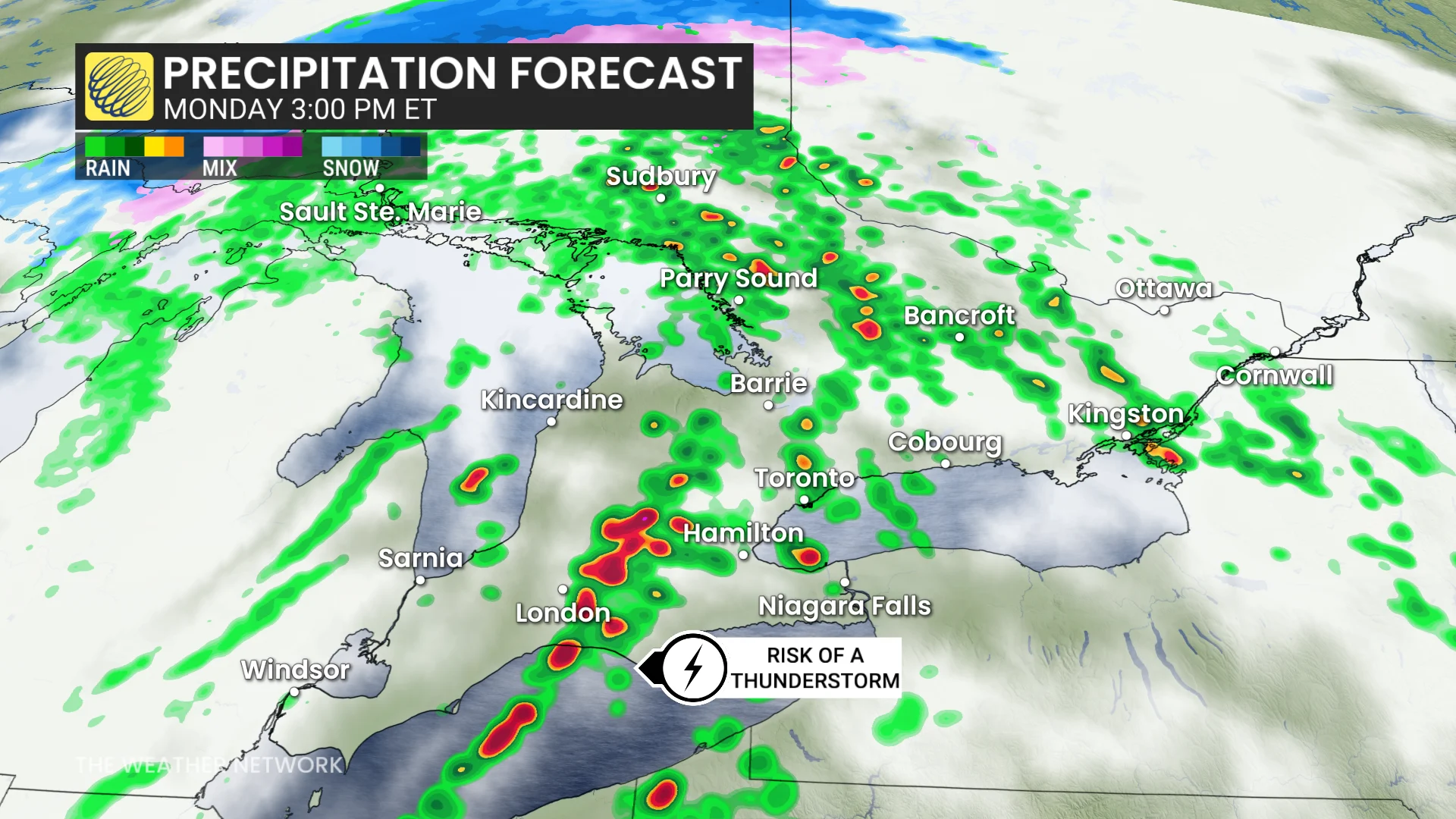 Monday 3 p.m. Ontario precipitation timing forecast