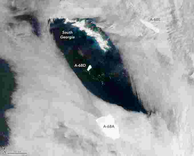 ICEBERG A-68A (NASA Earth Observatory image by Lauren Dauphin, using VIIRS data from NASA EOSDIS LANCE, GIBS/Worldview, and the Suomi National Polar-orbiting Partnership)