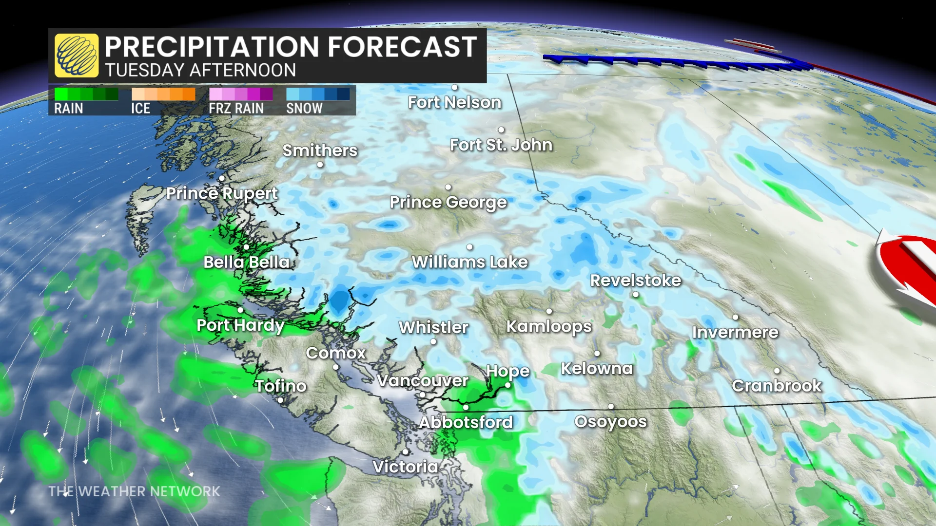 B.C. precipitation timing Tuesday afternoon