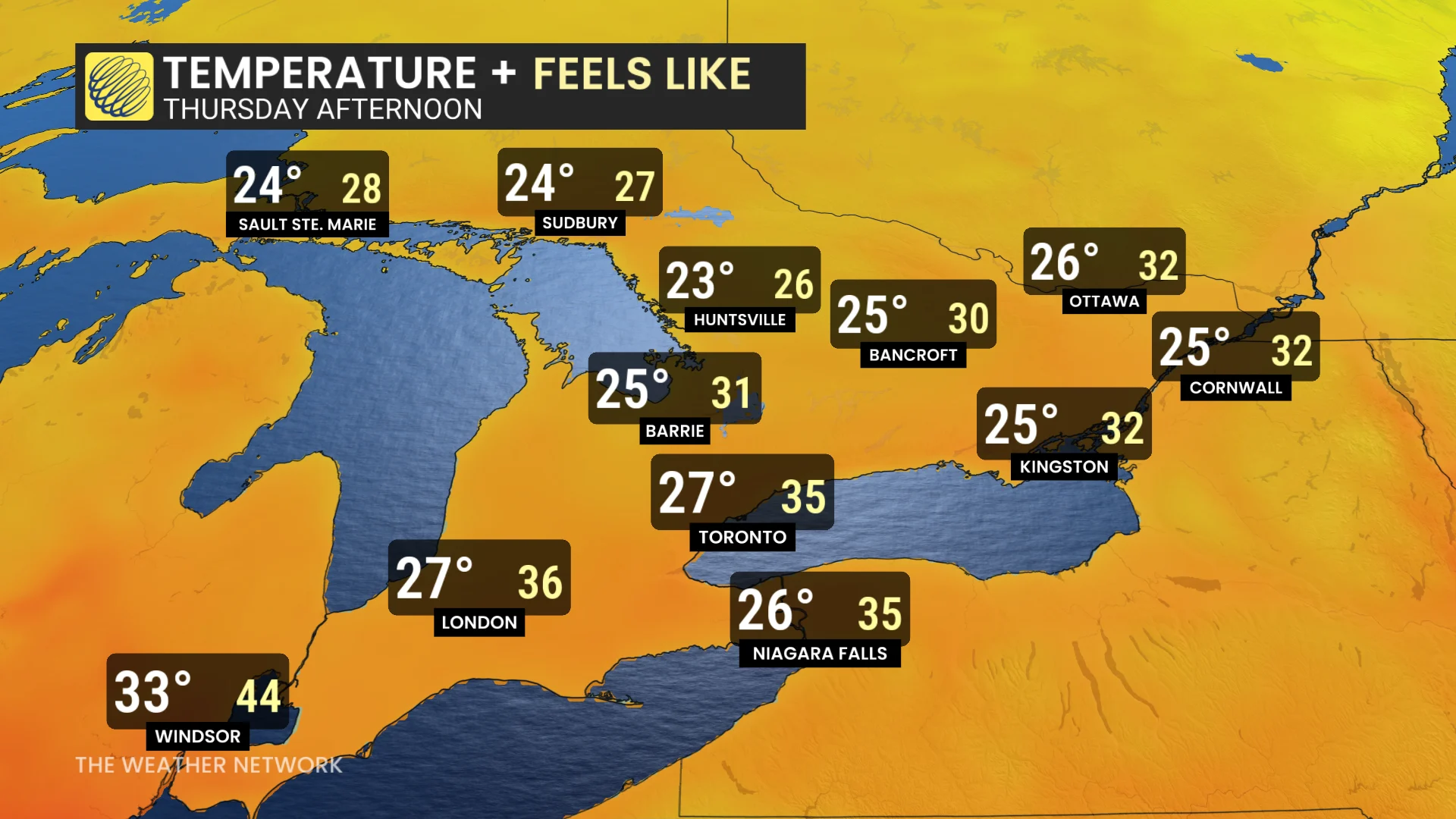 Southern Ontario Temperature plus feels like Thursday Afternoon