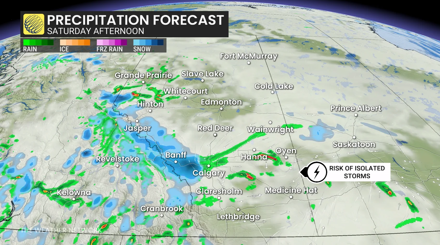 Alberta precipitation timing Saturday afternoon