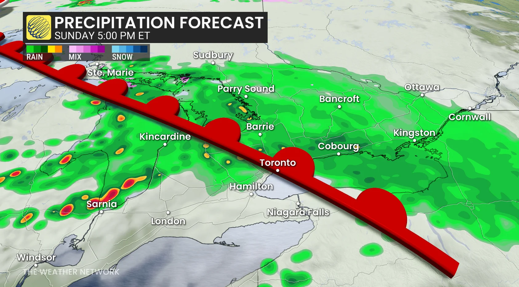 Ontario precipitation timing Sunday evening