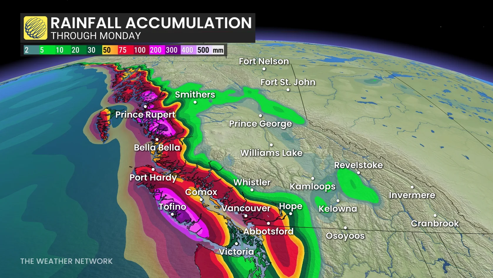 British Columbia rainfall outlook through Monday