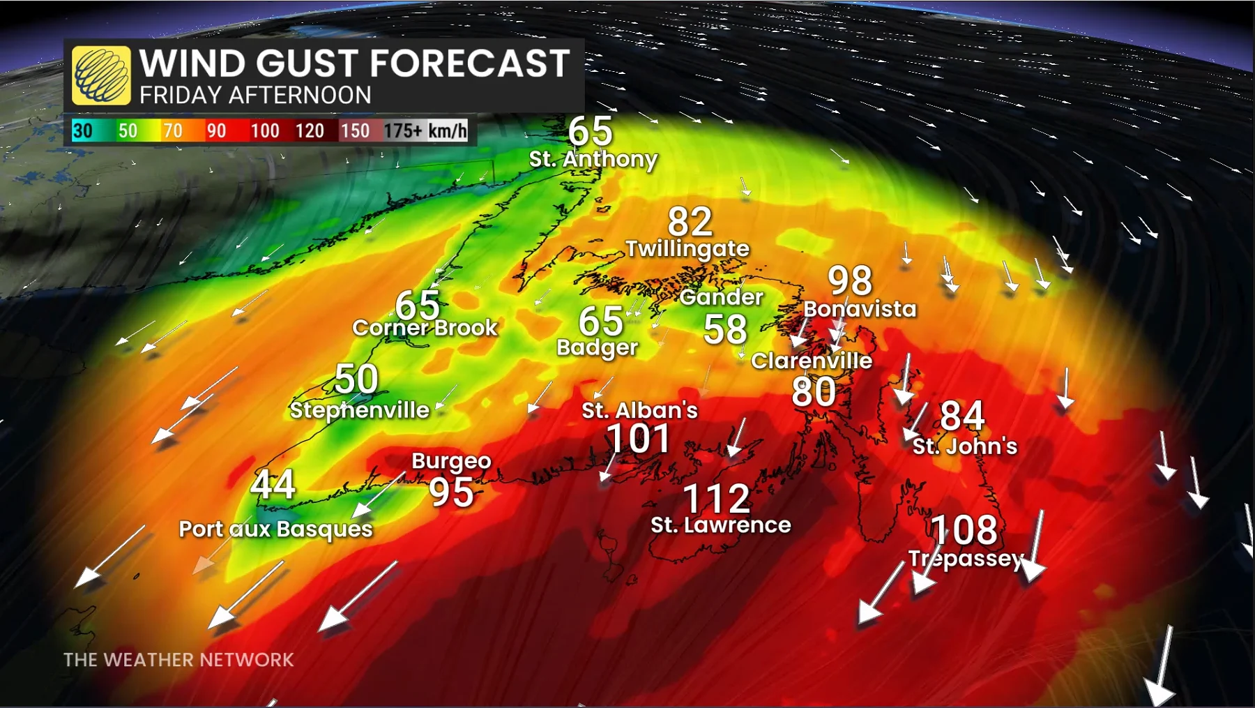 Newfoundland Friday afternoon nor-easter forecast wind gusts - Oct. 21, 2026