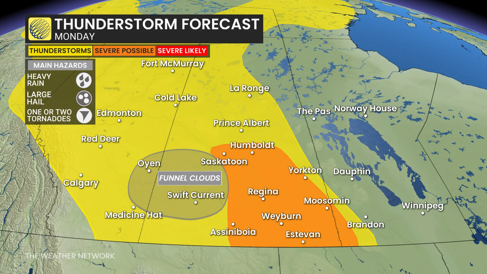 Prairies storm risk map Monday
