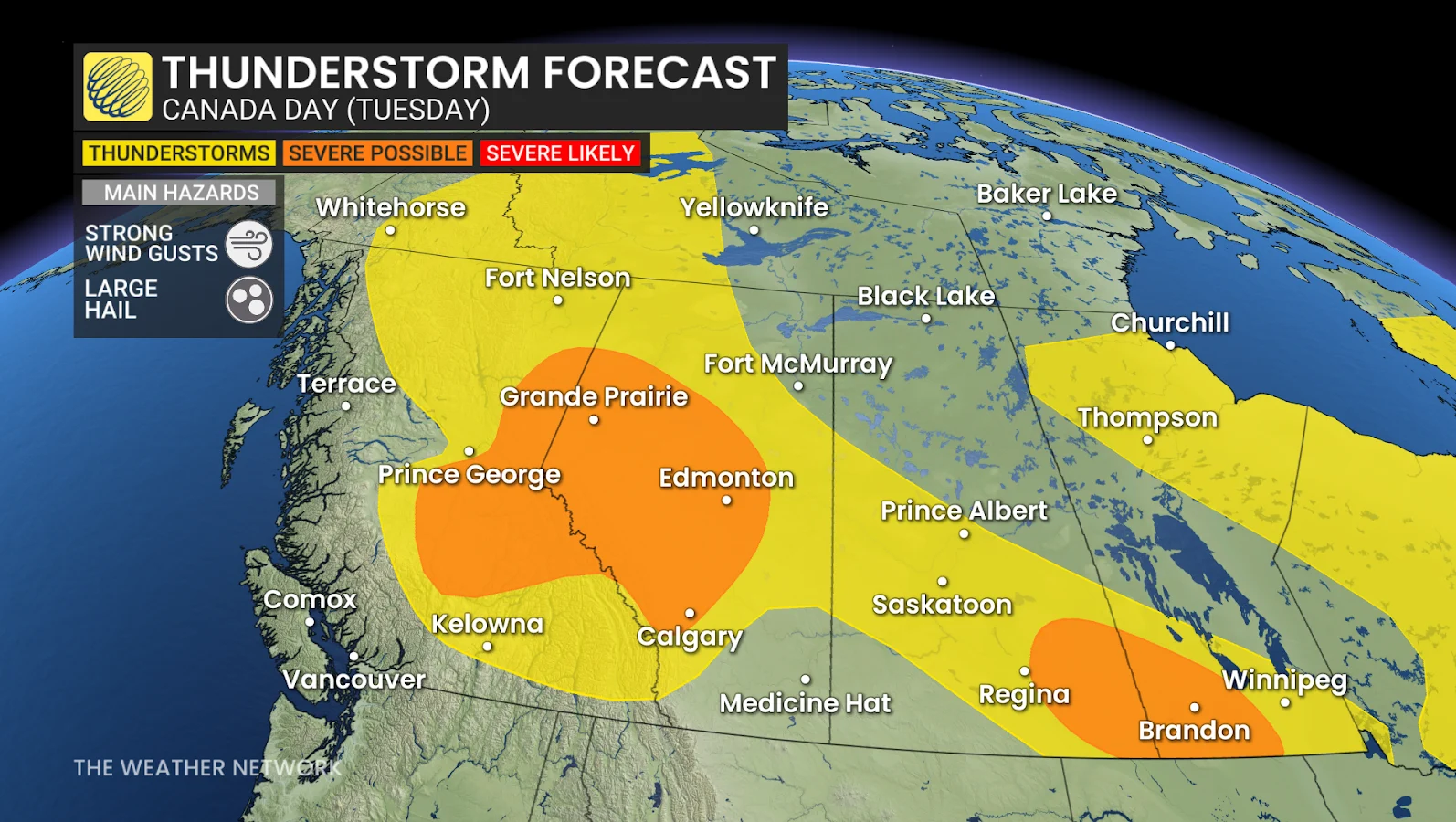 Thunderstorm, Alberta, Forecast, Tuesday, Rain, June 30, 2025. (The Weather Network/Tyler Hamilton)