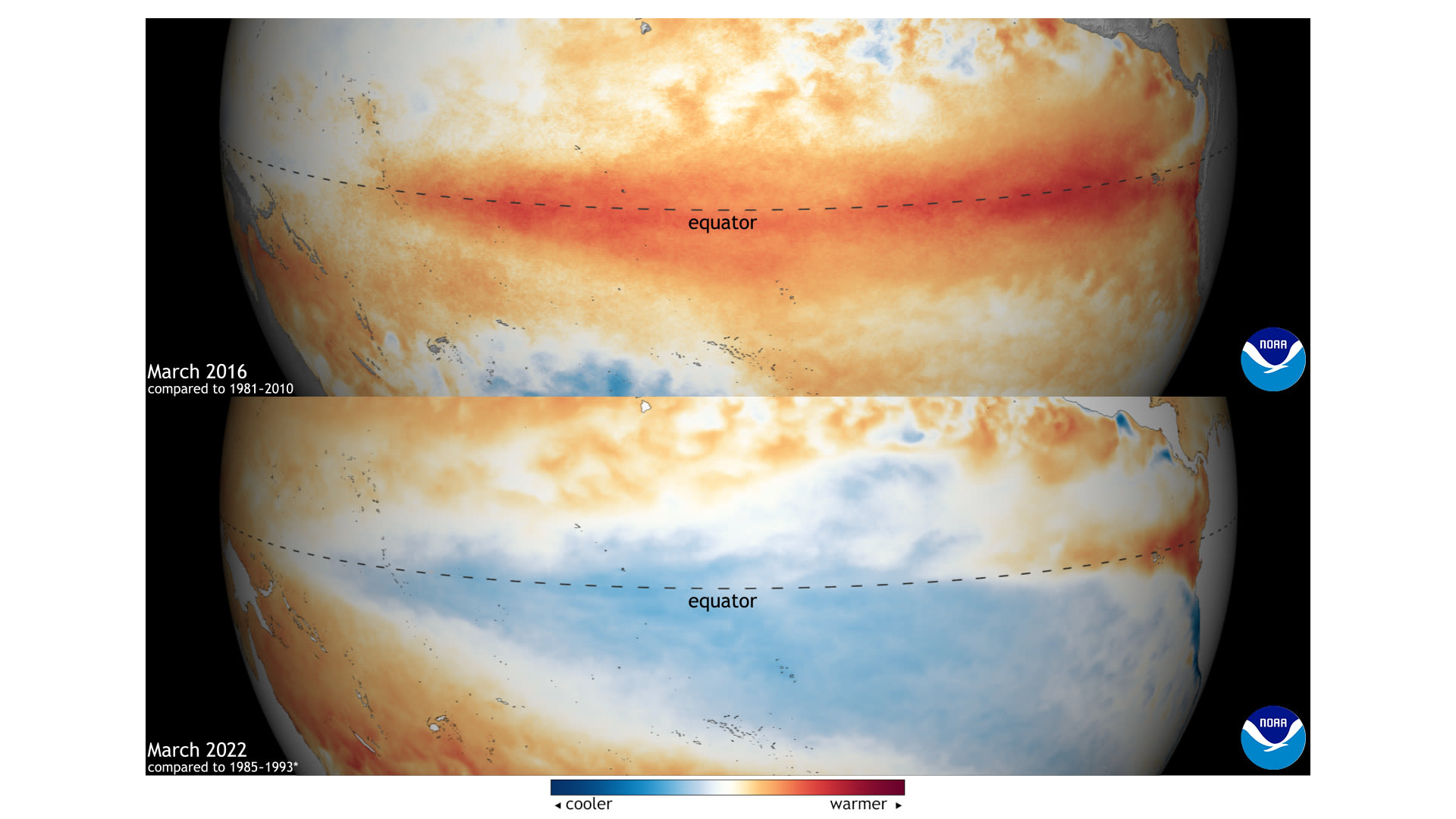 Anomalía en la temperatura de la superficie del mar - Pacífico - 2016-03 v 2022-03