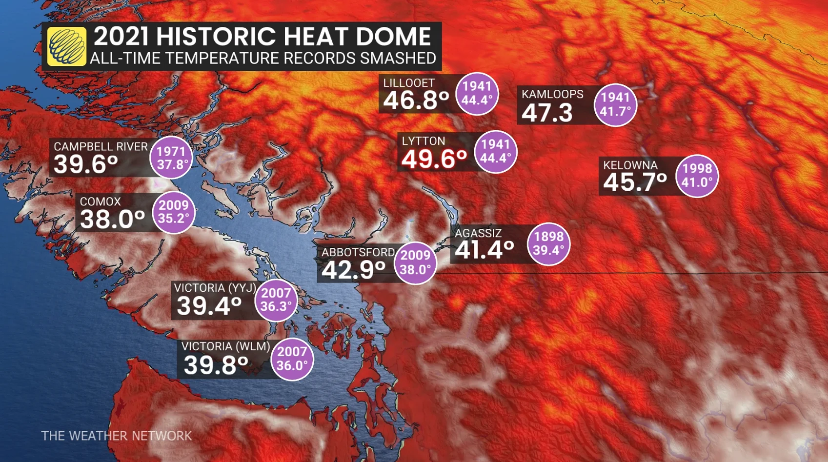 2021 B.C. historic heat dome temperatures