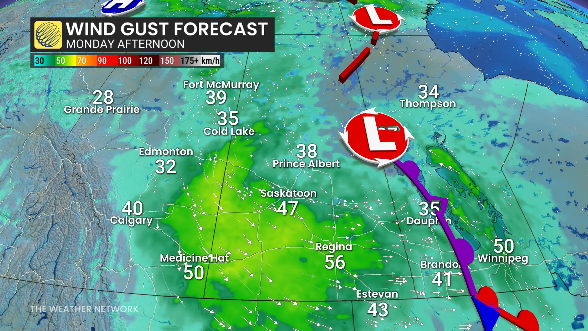 Prairies Monday afternoon forecast wind - Aug. 24, 2026