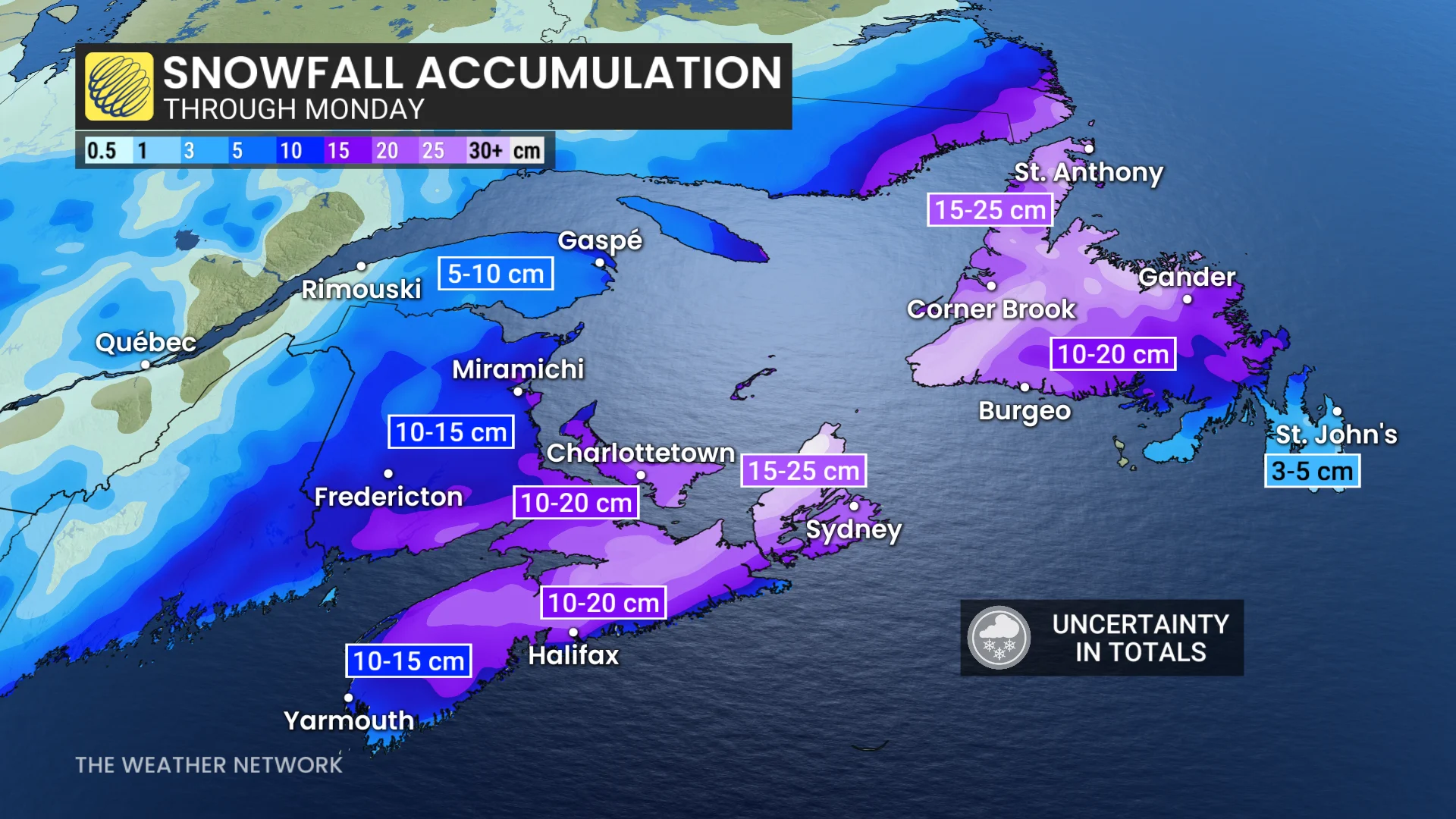 Atlantic Canada snowfall forecast through Monday