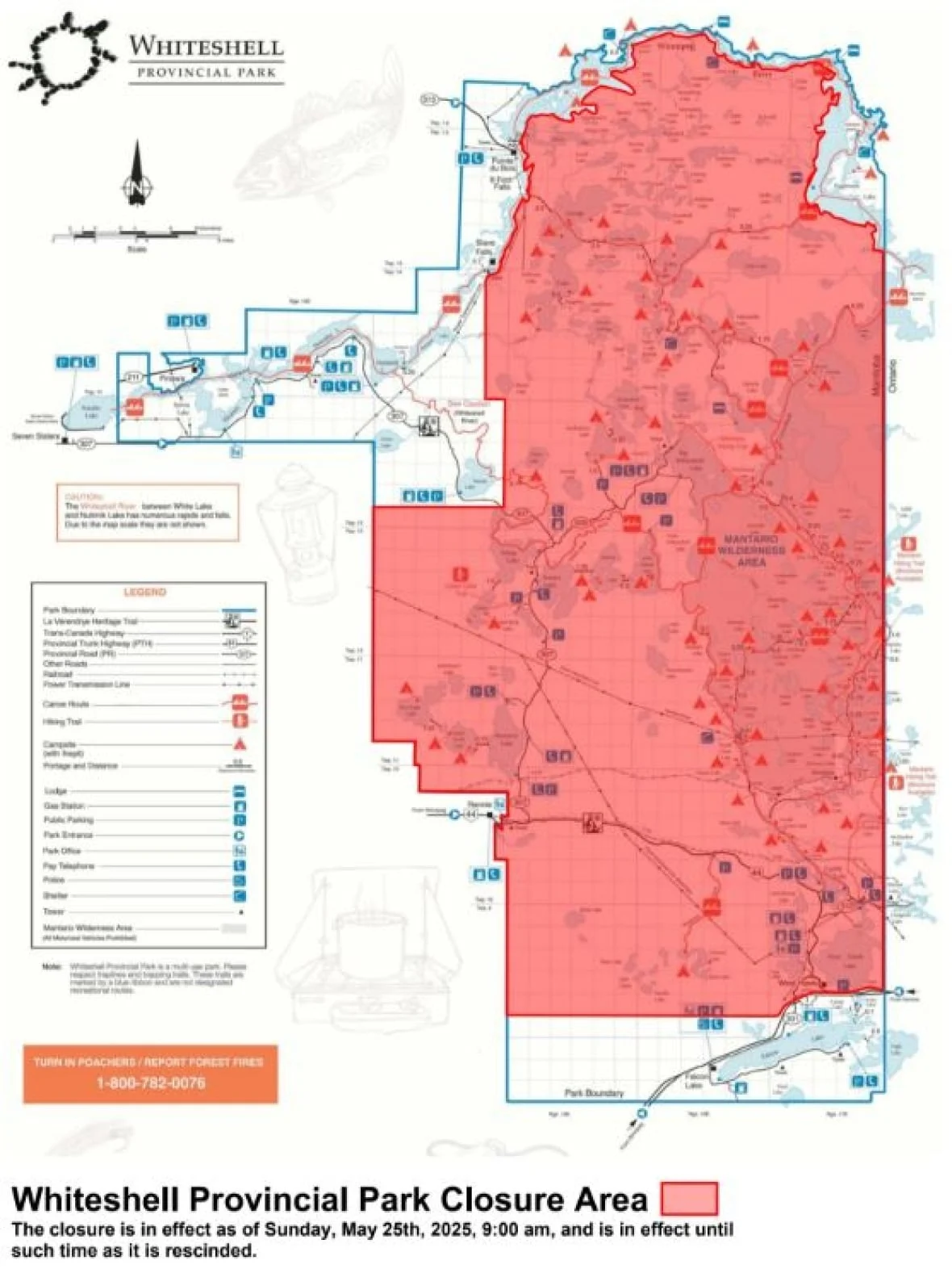 Areas in red are part of the revised evacuation zone for Whiteshell Provincial Park. The area of Pointe du Bois in the northwest corner reopened to the public on Sunday. (Manitoba Parks)