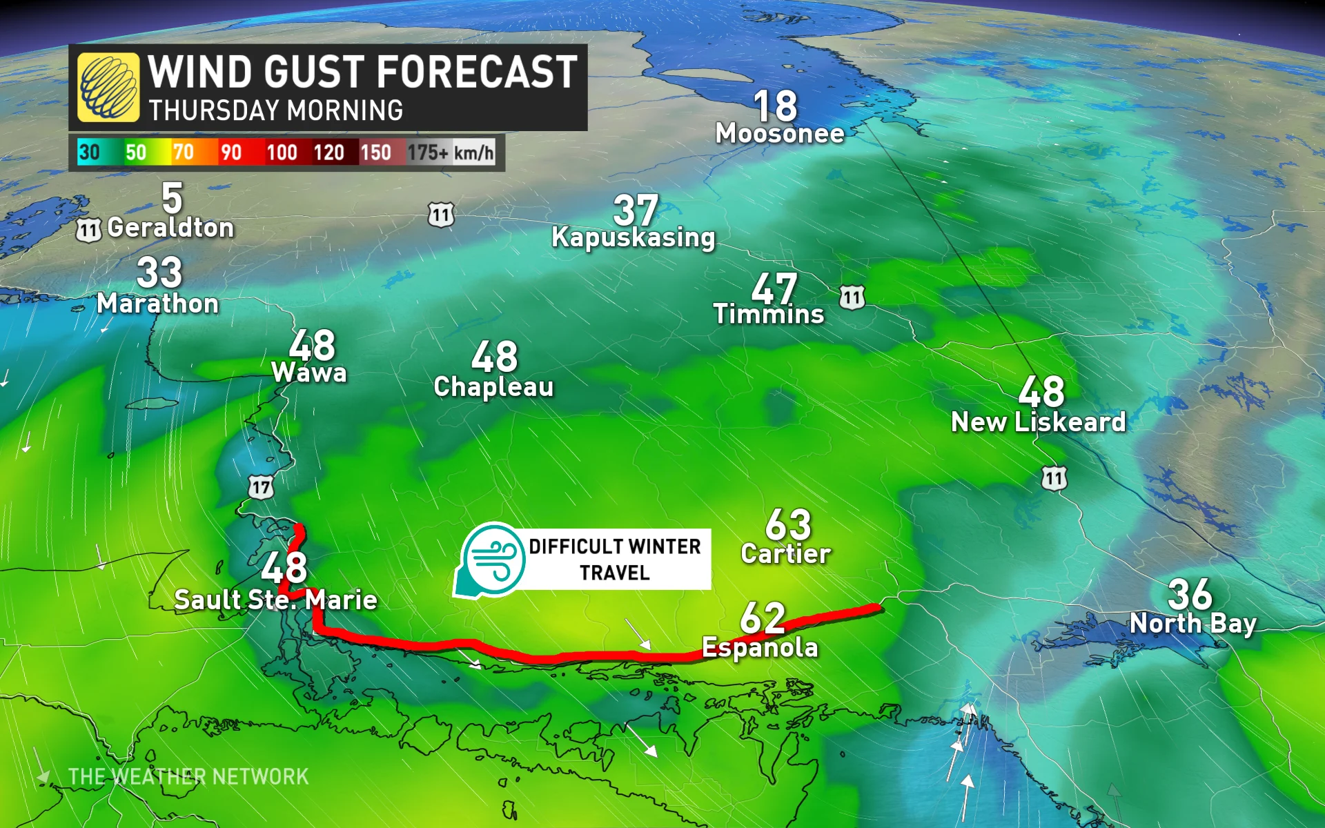 Northern Ontario wind gusts Thursday morning