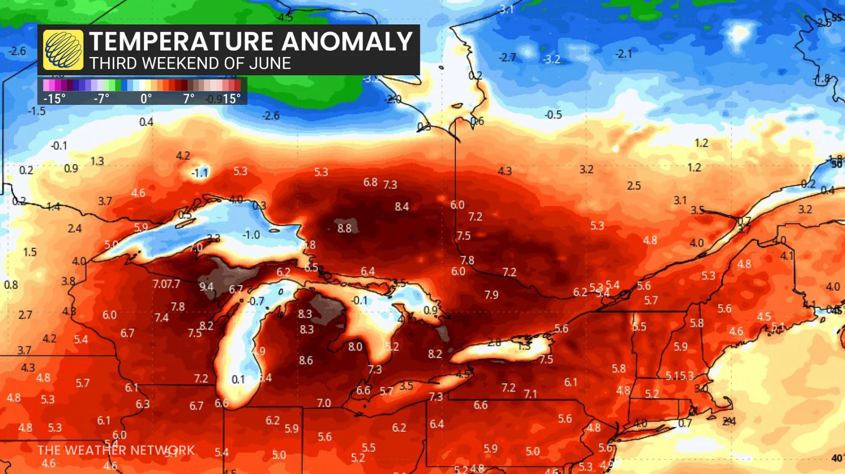 Temperature anomaly third week of June Ontario