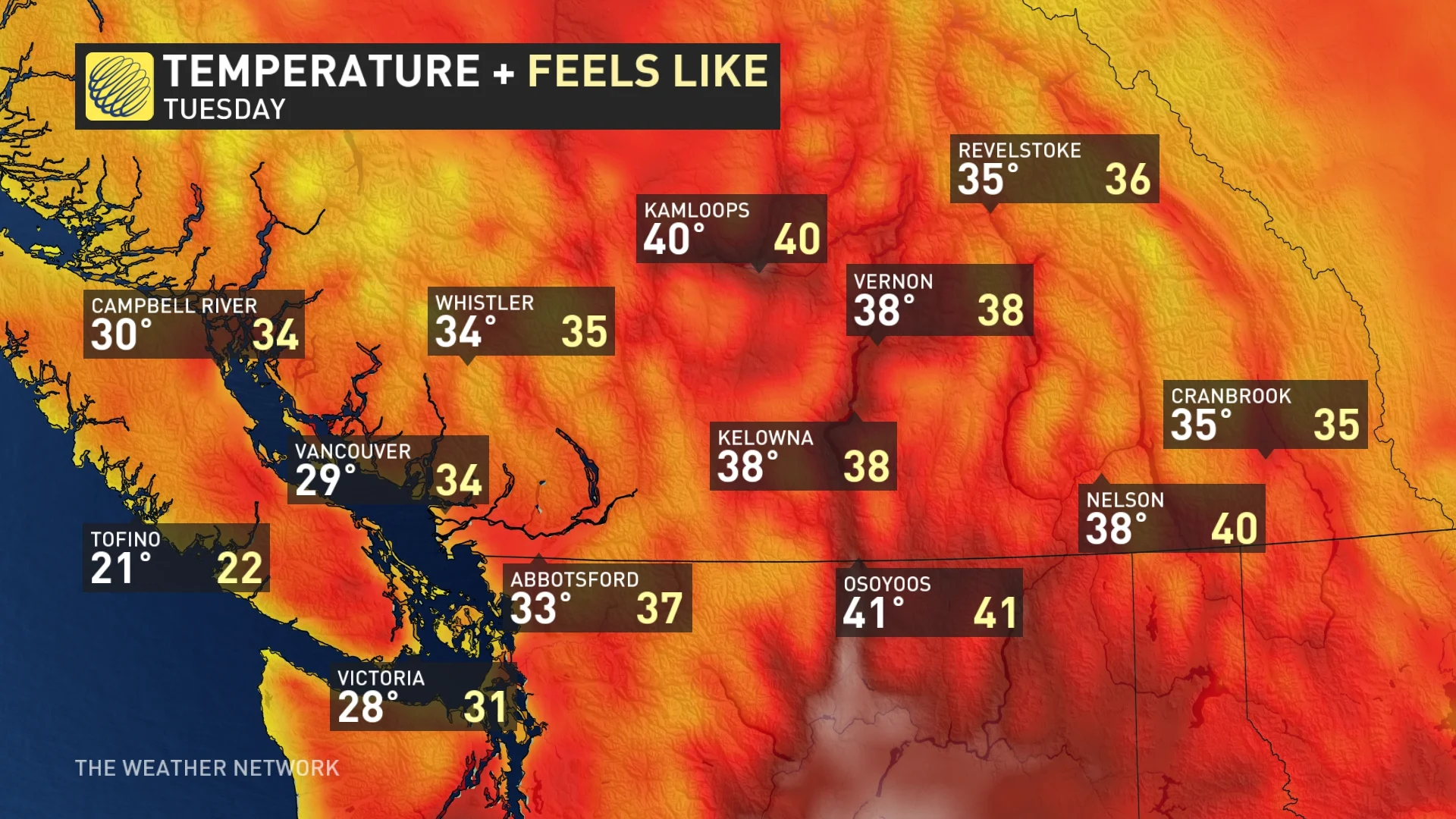 B.C. temps and feels like Tuesday