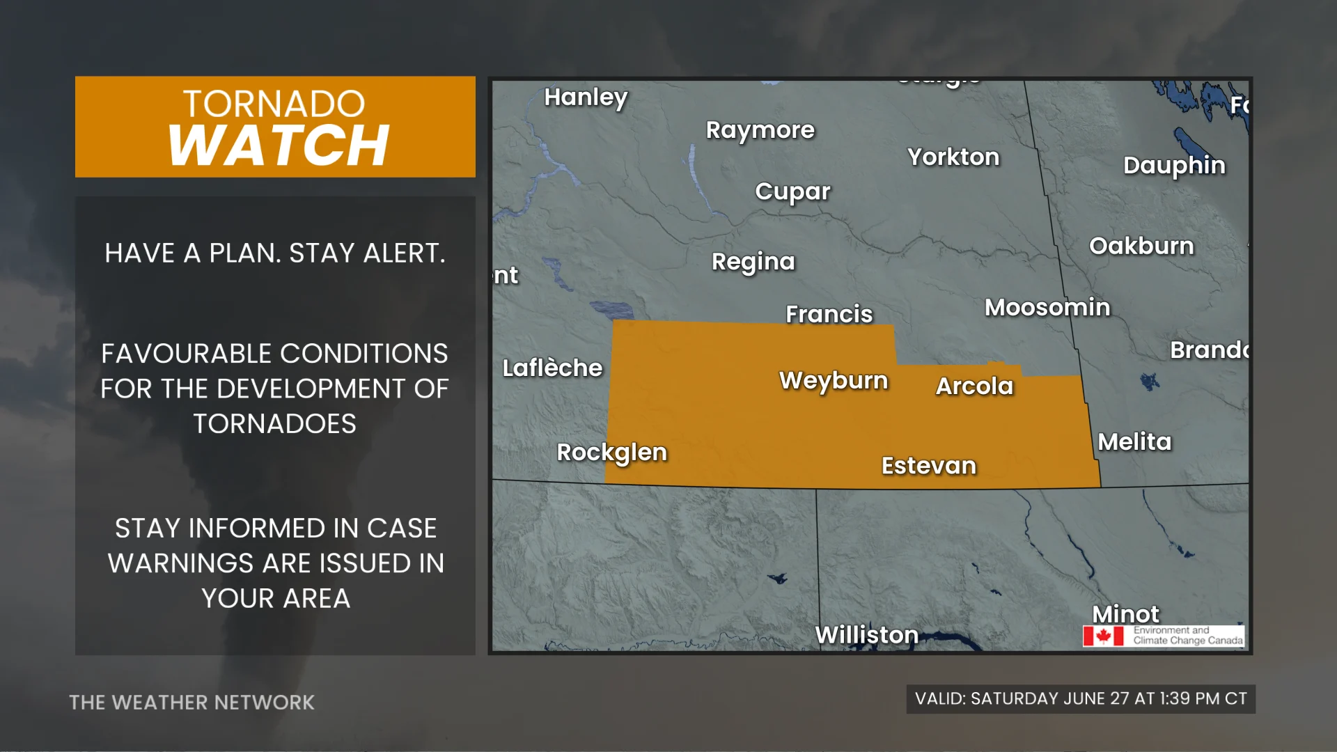 TORNADO WATCH Saskatchewan June 27 2026