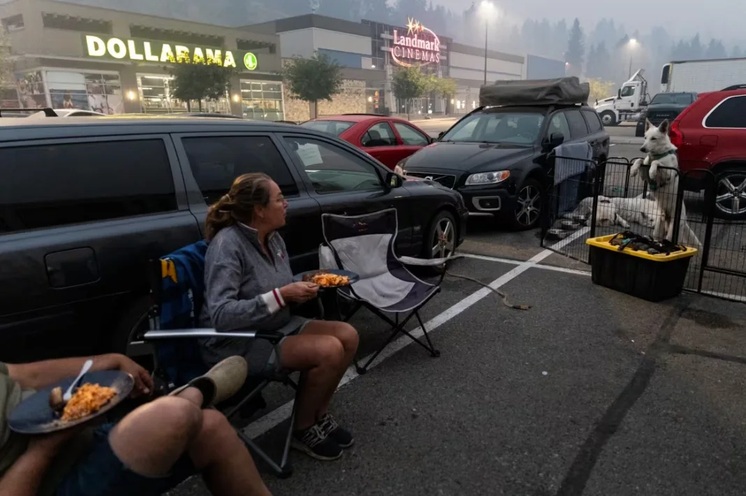 CBC: Suzanne Grooters and her husband Andreas with their five dogs at a Kelowna-area mall where they have set up camp after being forced to evacuate their home due to the McDougall Creek wildfire. (Justine Boulin/CBC News)