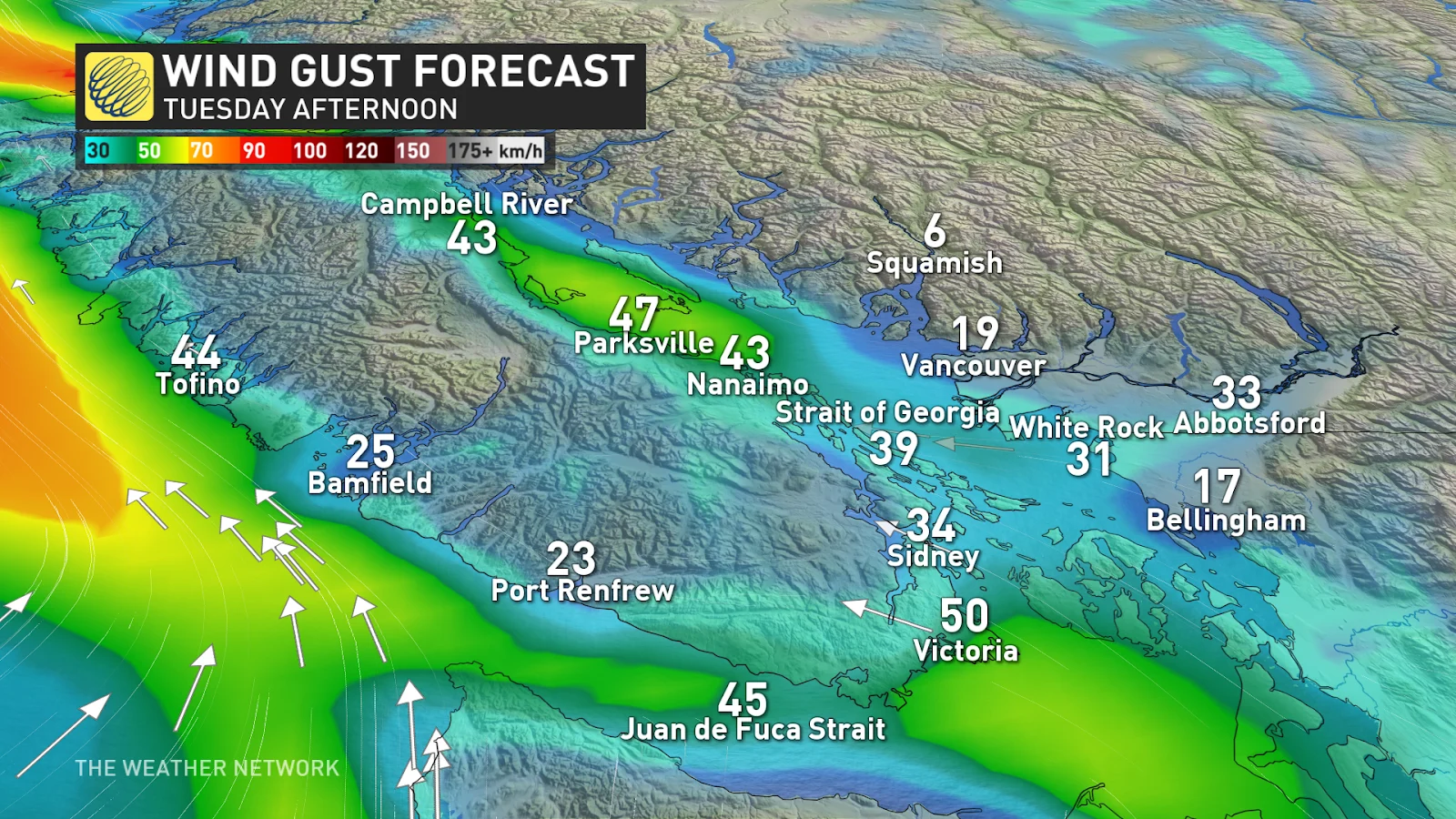 B.C. forecast wind gusts Tuesday afternoon - Dec. 16, 2024
