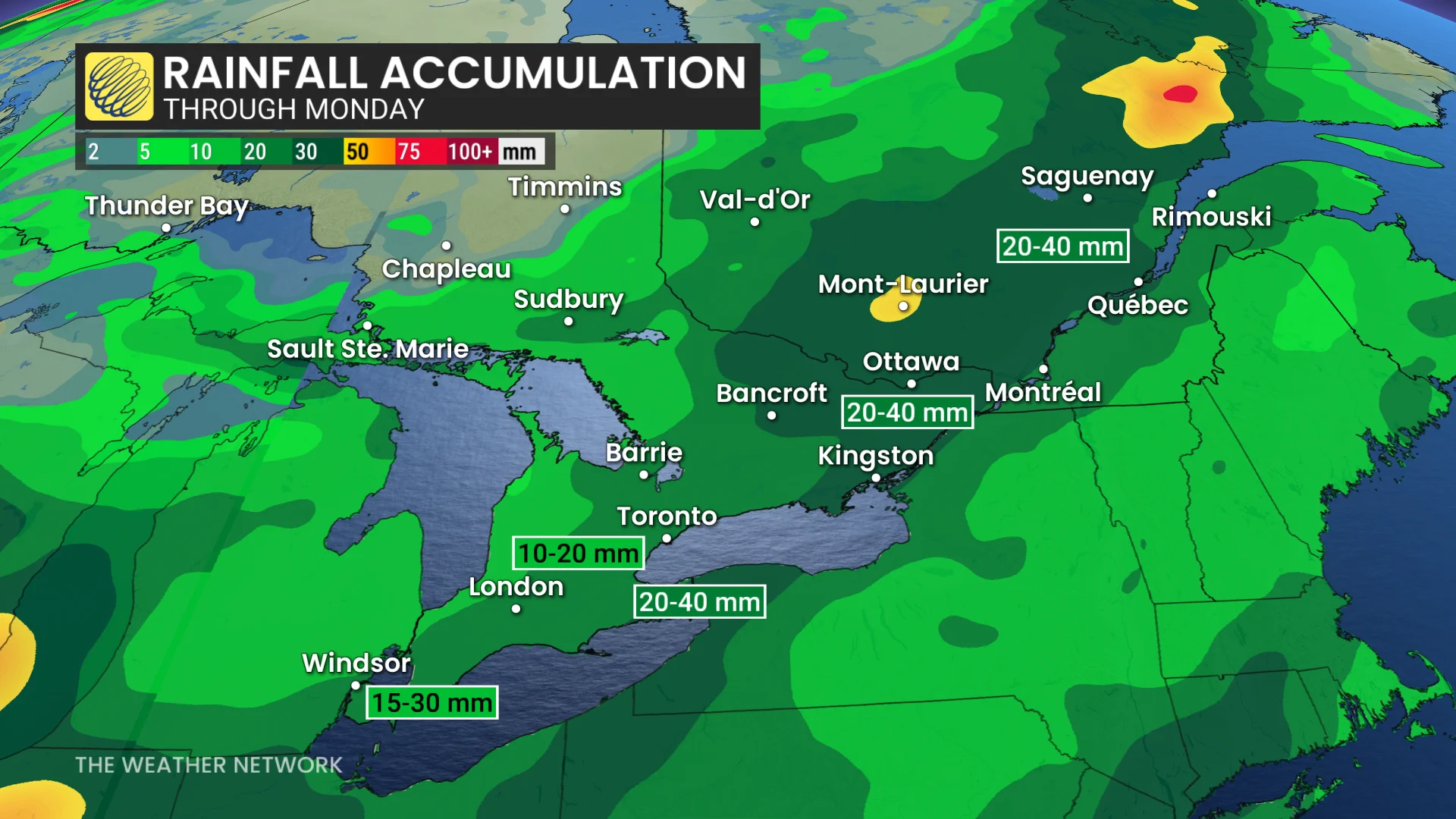 Ontario-Quebec rainfall through Monday
