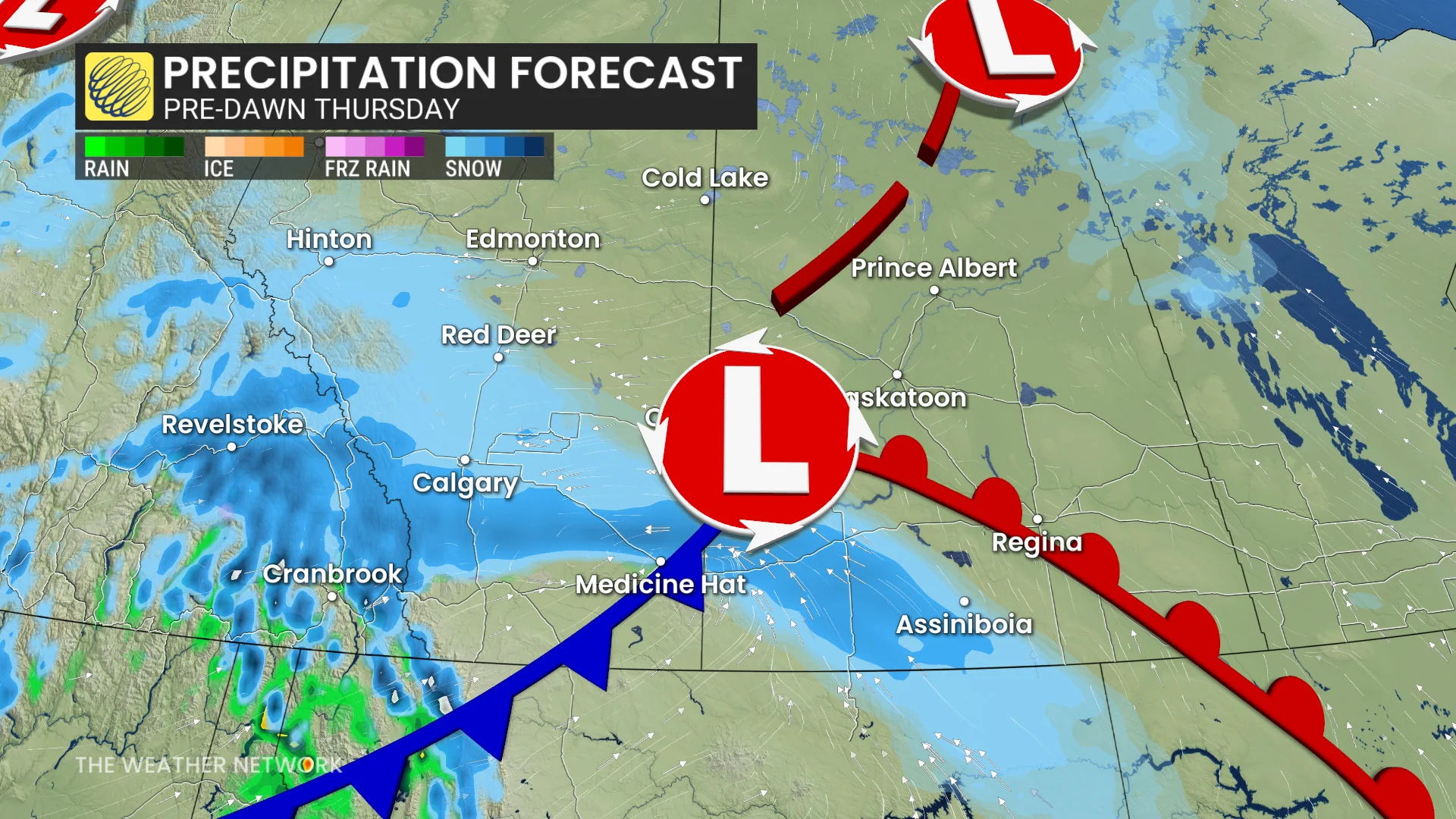 Alberta Saskatchewan Thursday pre-dawn forecast snow - March 11, 2026