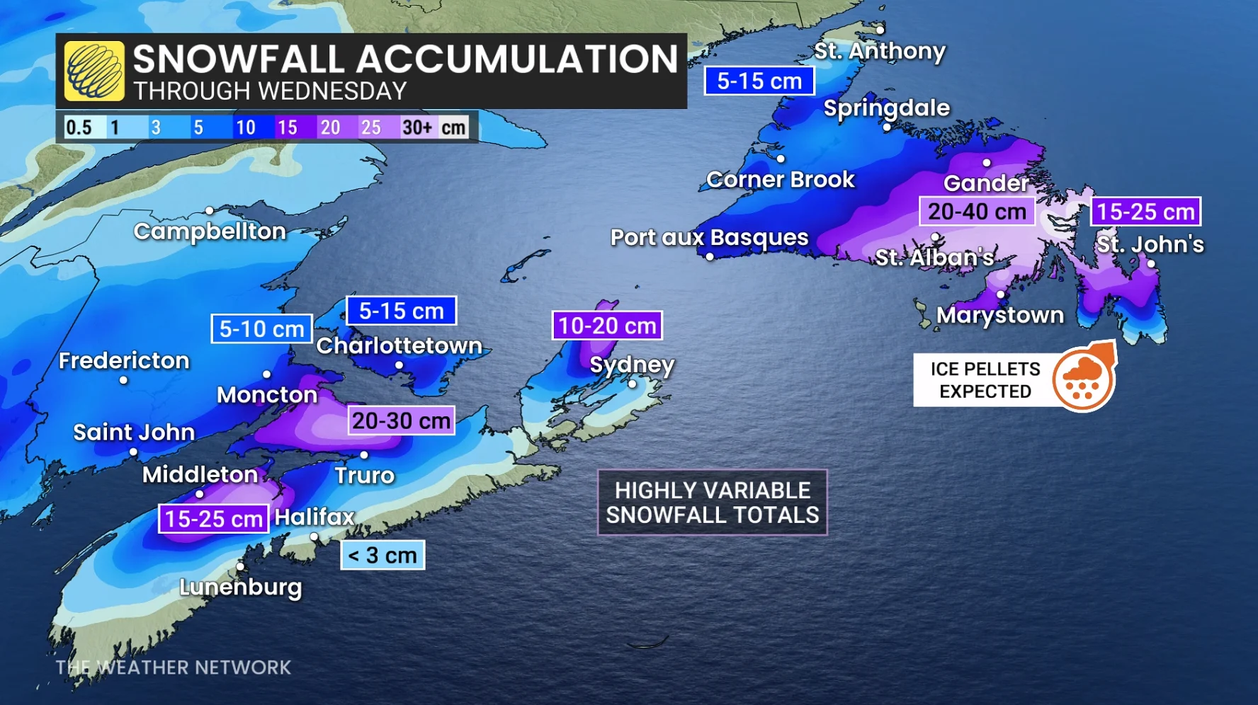 Atlantic Canada snowfall through Wednesday